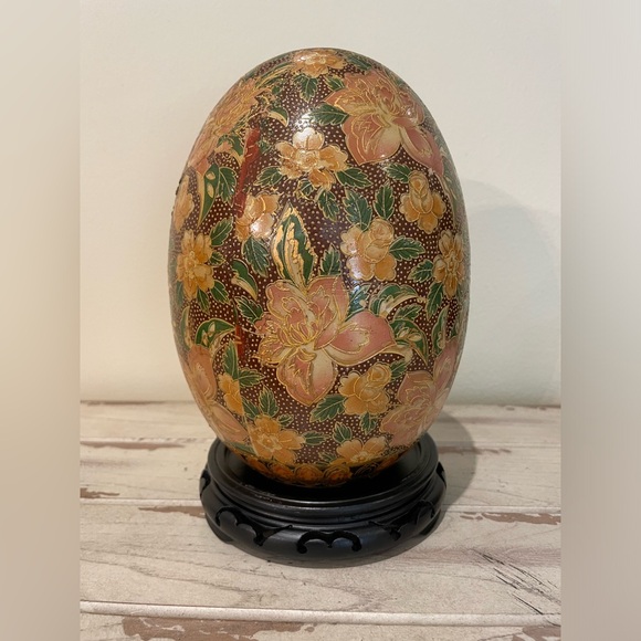 Vtg Asian Hand Painted 6 1/2" Tall Satsuma Floral Style Egg With Stand - Picture 1 of 6